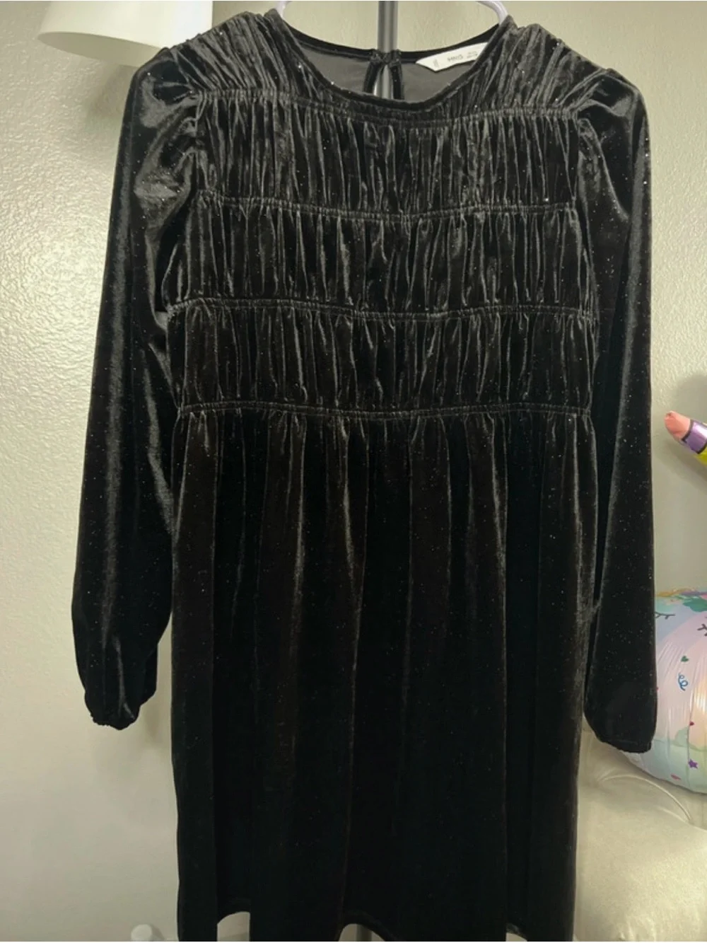 Mango Black Velvet Smocked Bodice Long-Sleeve Girls' Dress
